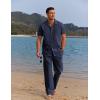 COOFANDY Men 2 Piece Linen Outfit Beach Button Down Shirt Casual Loose Pant Sets(Navy Blue)