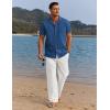 COOFANDY Men 2 Piece Linen Outfit Beach Button Down Shirt Casual Loose Pant Sets(Navy Shirt/White Pants)