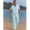 COOFANDY Men 2 Piece Linen Outfit Beach Button Down Shirt Casual Loose Pant Sets(Sky Blue)