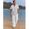 COOFANDY Men 2 Piece Linen Outfit Beach Button Down Shirt Casual Loose Pant Sets(White Floral Shirt/White Pants)