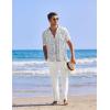 COOFANDY Men 2 Piece Linen Outfit Beach Button Down Shirt Casual Loose Pant Sets(White Floral Shirt/White Pants)