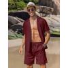COOFANDY Mens 2 Piece Short Set Guayabera Button Down Shirt Casual Summer Beach Outfits(Wine Red)