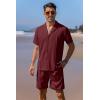 COOFANDY Mens 2 Piece Short Set Guayabera Button Down Shirt Casual Summer Beach Outfits(Wine Red)