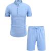 COOFANDY Men’s 2 Pieces Linen Set Henley Shirt Short Sleeve and Shorts Summer Beach Yoga Matching Outfits(Blue)