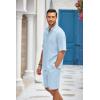 COOFANDY Men’s 2 Pieces Linen Set Henley Shirt Short Sleeve and Shorts Summer Beach Yoga Matching Outfits(Light Blue)