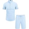 COOFANDY Men’s 2 Pieces Linen Set Henley Shirt Short Sleeve and Shorts Summer Beach Yoga Matching Outfits(Light Blue)