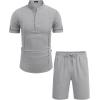 COOFANDY Men’s 2 Pieces Linen Set Henley Shirt Short Sleeve and Shorts Summer Beach Yoga Matching Outfits(Light Grey)