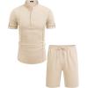 COOFANDY Men’s 2 Pieces Linen Set Henley Shirt Short Sleeve and Shorts Summer Beach Yoga Matching Outfits(Light Khaki)