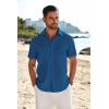 COOFANDY Mens Casual Linen Shirt Short Sleeve Button Down Shirt Summer Beach Shirts with Pocket(Dark Blue)