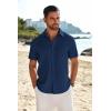 COOFANDY Mens Casual Linen Shirt Short Sleeve Button Down Shirt Summer Beach Shirts with Pocket(Navy Blue)