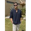 COOFANDY Men’s Cotton Linen Henley T-Shirt Long Sleeve Hippie Casual Beach T-Shirts(Navy Blue)