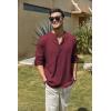 COOFANDY Men’s Cotton Linen Henley T-Shirt Long Sleeve Hippie Casual Beach T-Shirts(Wine Red)