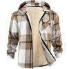 COOFANDY Men’s Flannel Fleece Jacket Sherpa Lined Shirt Jacket Plaid Zip Up Hoodie Soft Warm Coat with Hood(C-khaki Block)