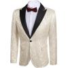 COOFANDY Mens Floral Tuxedo One Button Luxury Shiny Blazer Dinner Party Prom Wedding Suit Jacket(1 – Beige White)