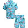 COOFANDY Mens Hawaiian Shirt and Shorts Set 2 Piece Vacation Outfits Floral Button Down Shirt(Blue&flamingo)