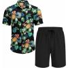COOFANDY Mens Hawaiian Shirt and Shorts Set 2 Piece Vacation Outfits Floral Button Down Shirt(Pineapple Leaf Black)