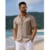 COOFANDY Men’s Knit Short Sleeve Shirts Button Down Vintage Knitted Polo Shirt Casual Beach Crochet Cable Vacation Shirt(Khaki)