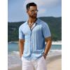 COOFANDY Men’s Knit Short Sleeve Shirts Button Down Vintage Knitted Polo Shirt Casual Beach Crochet Cable Vacation Shirt(Light Blue)
