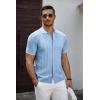 COOFANDY Men’s Knit Short Sleeve Shirts Button Down Vintage Knitted Polo Shirt Casual Beach Crochet Cable Vacation Shirt(Light Blue-white)