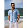 COOFANDY Men’s Knit Short Sleeve Shirts Button Down Vintage Knitted Polo Shirt Casual Beach Crochet Cable Vacation Shirt(Light Blue-white)