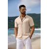 COOFANDY Men’s Knit Short Sleeve Shirts Button Down Vintage Knitted Polo Shirt Casual Beach Crochet Cable Vacation Shirt(Light Coffee-white)
