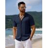 COOFANDY Men’s Knit Short Sleeve Shirts Button Down Vintage Knitted Polo Shirt Casual Beach Crochet Cable Vacation Shirt(Navy Blue)
