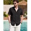 COOFANDY Mens Linen Shirt Casual Short Sleeve Button Down Shirt Summer Beach Vacation Wedding Wear(Black)