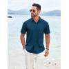 COOFANDY Mens Linen Shirt Casual Short Sleeve Button Down Shirt Summer Beach Vacation Wedding Wear(Dark Blue)