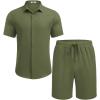 COOFANDY Men’s Summer Beach Outfits 2 Piece Short Sleeve Shirts and Shorts Vacation Texture Linen Sets for Men(Army Green)