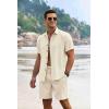 COOFANDY Men’s Summer Beach Outfits 2 Piece Short Sleeve Shirts and Shorts Vacation Texture Linen Sets for Men(Beige)