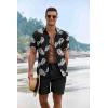COOFANDY Men’s Summer Beach Outfits 2 Piece Short Sleeve Shirts and Shorts Vacation Texture Linen Sets for Men(Black – Leaf)
