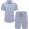 COOFANDY Men’s Summer Beach Outfits 2 Piece Short Sleeve Shirts and Shorts Vacation Texture Linen Sets for Men(Blue)