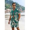 COOFANDY Men’s Summer Beach Outfits 2 Piece Short Sleeve Shirts and Shorts Vacation Texture Linen Sets for Men(Coconut Tree-green)