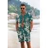 COOFANDY Men’s Summer Beach Outfits 2 Piece Short Sleeve Shirts and Shorts Vacation Texture Linen Sets for Men(Coconut Tree-green)