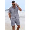 COOFANDY Men’s Summer Beach Outfits 2 Piece Short Sleeve Shirts and Shorts Vacation Texture Linen Sets for Men(Dark Blue Grey)