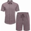 COOFANDY Men’s Summer Beach Outfits 2 Piece Short Sleeve Shirts and Shorts Vacation Texture Linen Sets for Men(Dark Red)