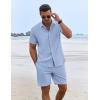 COOFANDY Men’s Summer Beach Outfits 2 Piece Short Sleeve Shirts and Shorts Vacation Texture Linen Sets for Men(Denim Blue)