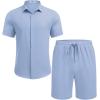 COOFANDY Men’s Summer Beach Outfits 2 Piece Short Sleeve Shirts and Shorts Vacation Texture Linen Sets for Men(Denim Blue)