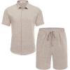 COOFANDY Men’s Summer Beach Outfits 2 Piece Short Sleeve Shirts and Shorts Vacation Texture Linen Sets for Men(Khaki)