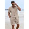 COOFANDY Men’s Summer Beach Outfits 2 Piece Short Sleeve Shirts and Shorts Vacation Texture Linen Sets for Men(Khaki)