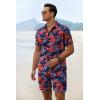 COOFANDY Men’s Summer Beach Outfits 2 Piece Short Sleeve Shirts and Shorts Vacation Texture Linen Sets for Men(Leaves-navy Blue)