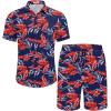 COOFANDY Men’s Summer Beach Outfits 2 Piece Short Sleeve Shirts and Shorts Vacation Texture Linen Sets for Men(Leaves-navy Blue)