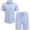 COOFANDY Men’s Summer Beach Outfits 2 Piece Short Sleeve Shirts and Shorts Vacation Texture Linen Sets for Men(Light Blue)