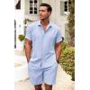 COOFANDY Men’s Summer Beach Outfits 2 Piece Short Sleeve Shirts and Shorts Vacation Texture Linen Sets for Men(Light Blue)