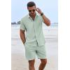 COOFANDY Men’s Summer Beach Outfits 2 Piece Short Sleeve Shirts and Shorts Vacation Texture Linen Sets for Men(Light Green)
