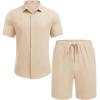COOFANDY Men’s Summer Beach Outfits 2 Piece Short Sleeve Shirts and Shorts Vacation Texture Linen Sets for Men(Light Khaki)