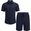COOFANDY Men’s Summer Beach Outfits 2 Piece Short Sleeve Shirts and Shorts Vacation Texture Linen Sets for Men(Navy Blue)