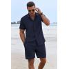 COOFANDY Men’s Summer Beach Outfits 2 Piece Short Sleeve Shirts and Shorts Vacation Texture Linen Sets for Men(Navy Blue)