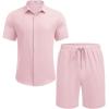 COOFANDY Men’s Summer Beach Outfits 2 Piece Short Sleeve Shirts and Shorts Vacation Texture Linen Sets for Men(Pink)