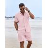 COOFANDY Men’s Summer Beach Outfits 2 Piece Short Sleeve Shirts and Shorts Vacation Texture Linen Sets for Men(Pink)